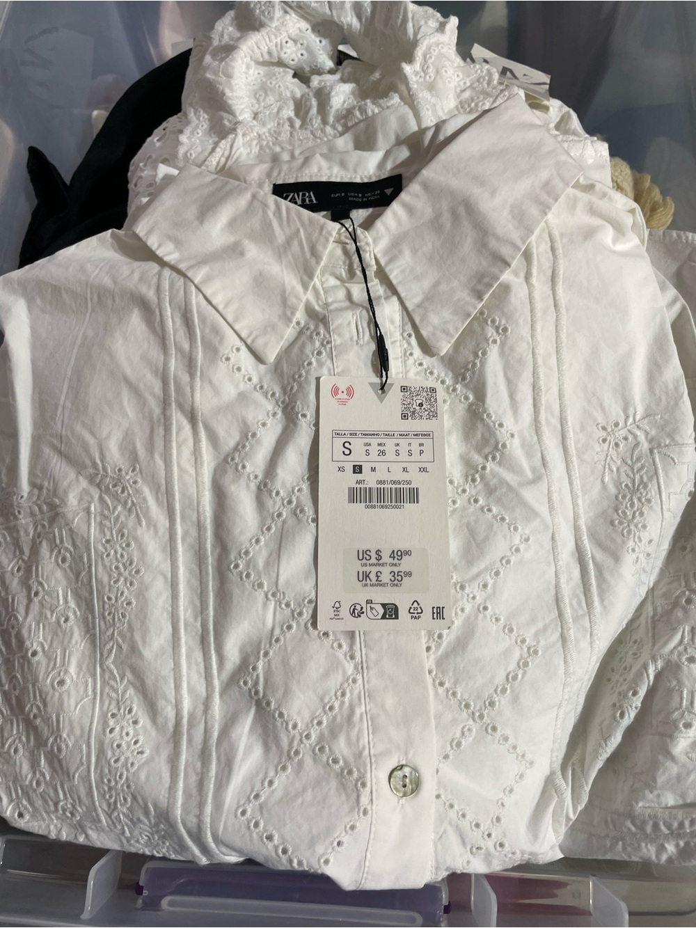 Zara White Eyelet Button-Down Shirt